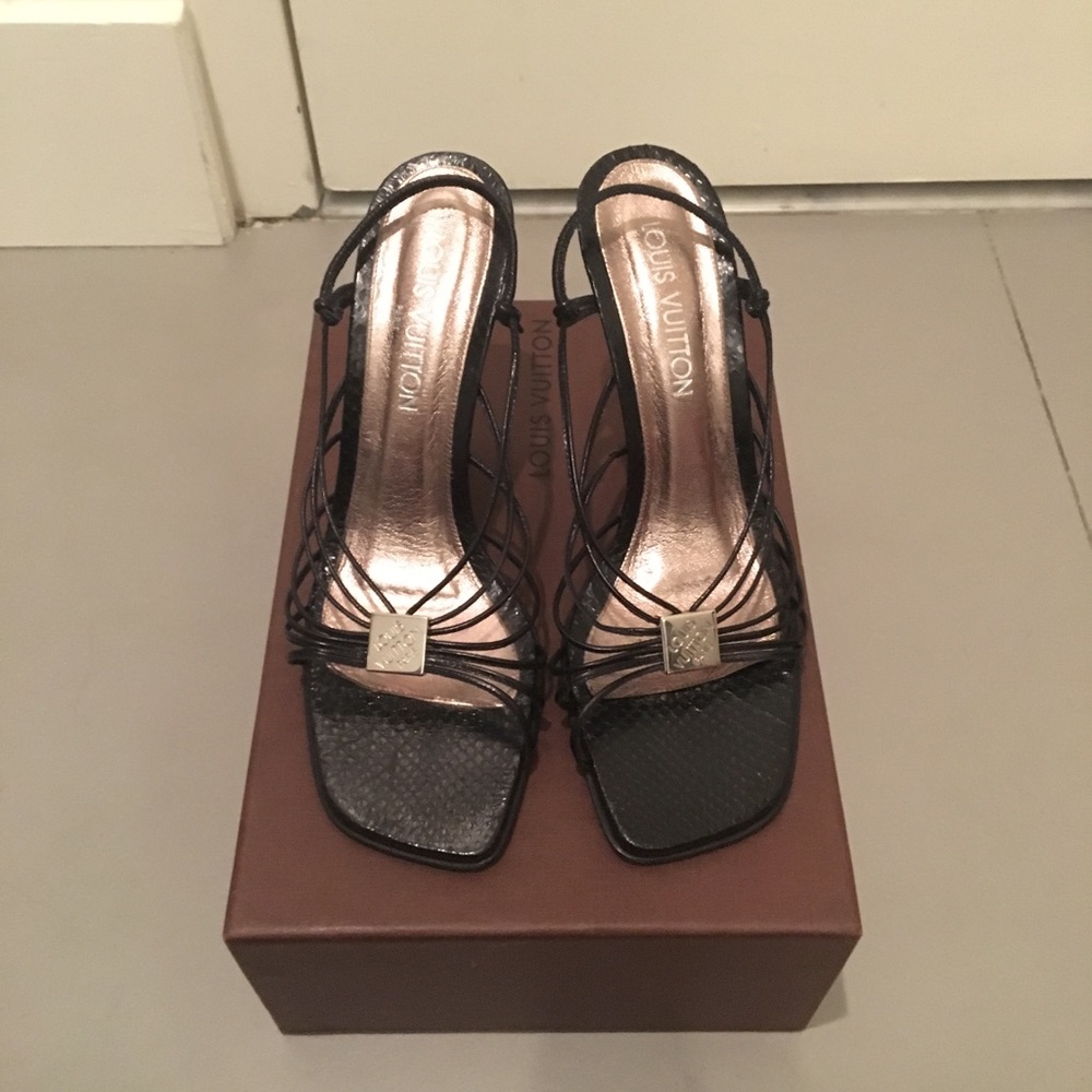 Louis Vuitton Logo Black Snake Heels Sandals 41